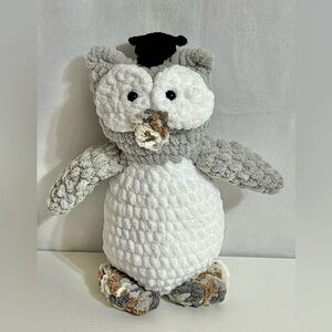 Handmade Crochet Owl Graduation Cap Hat Gray White Soft Plush Stuffed Animal